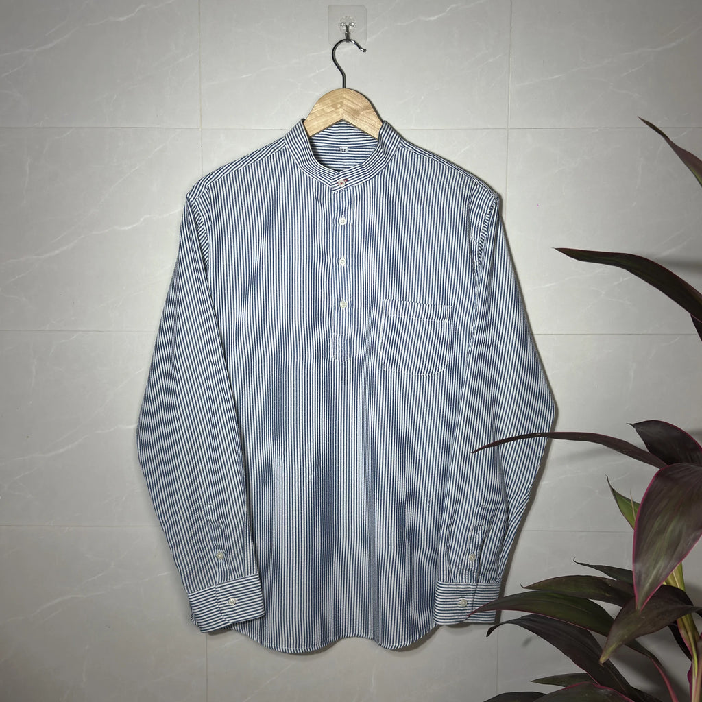 BLUE & WHITE STRIPED BAND COLLAR PULLOVER (M|L)