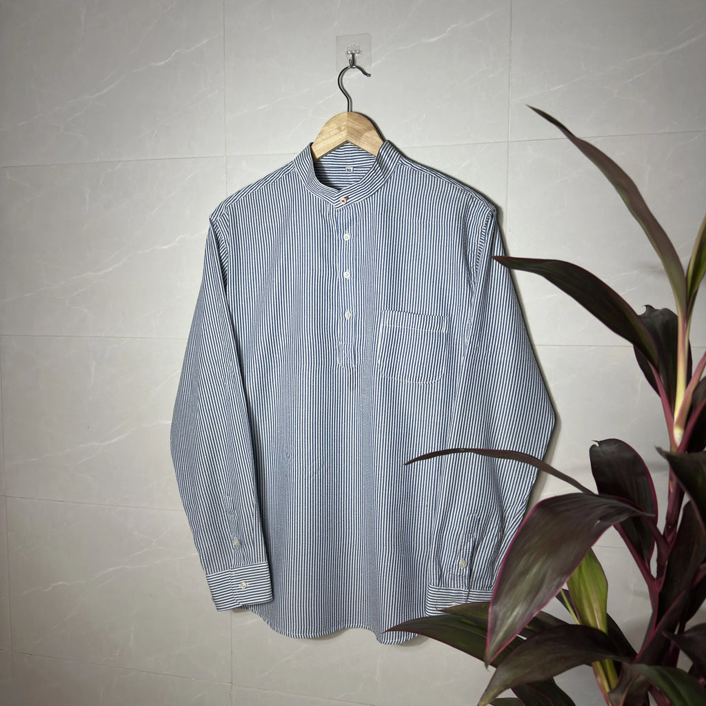 BLUE & WHITE STRIPED BAND COLLAR PULLOVER (M|L)