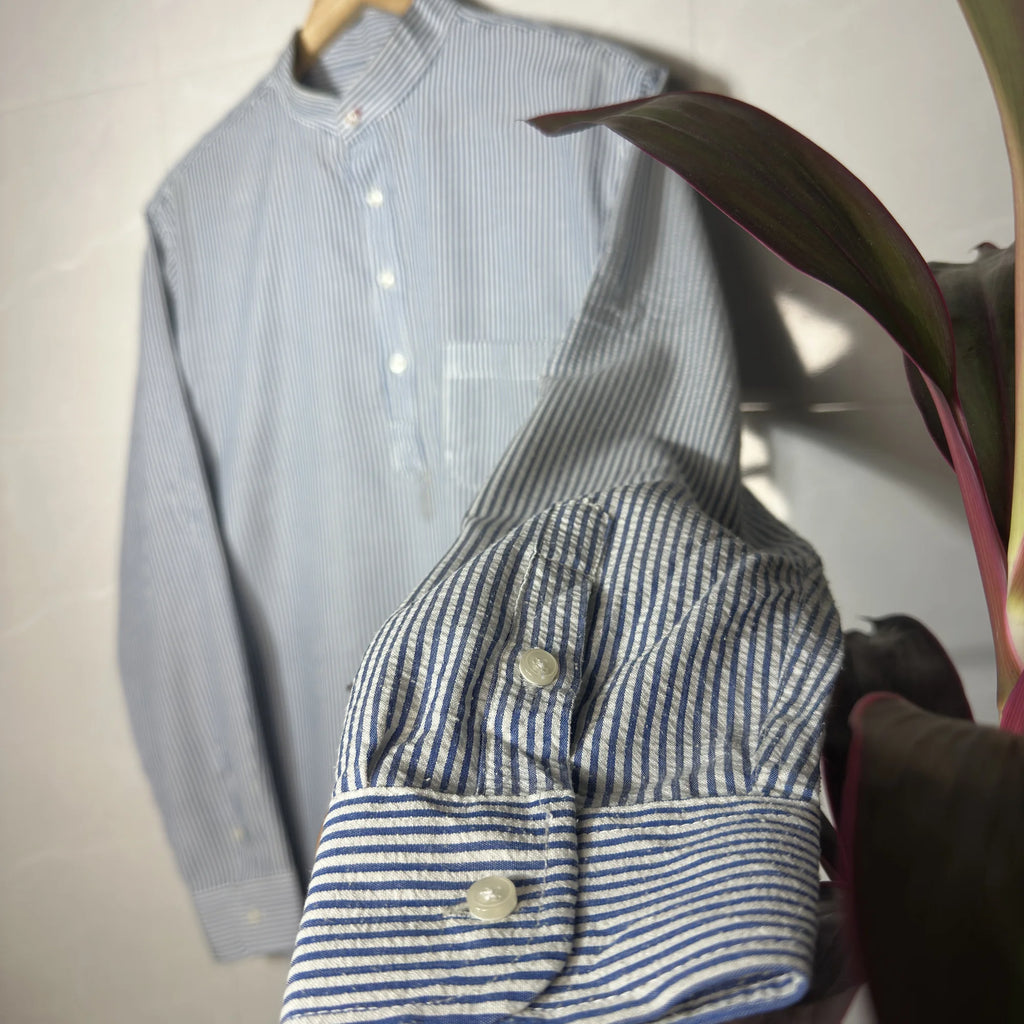 BLUE & WHITE STRIPED BAND COLLAR PULLOVER (M|L)