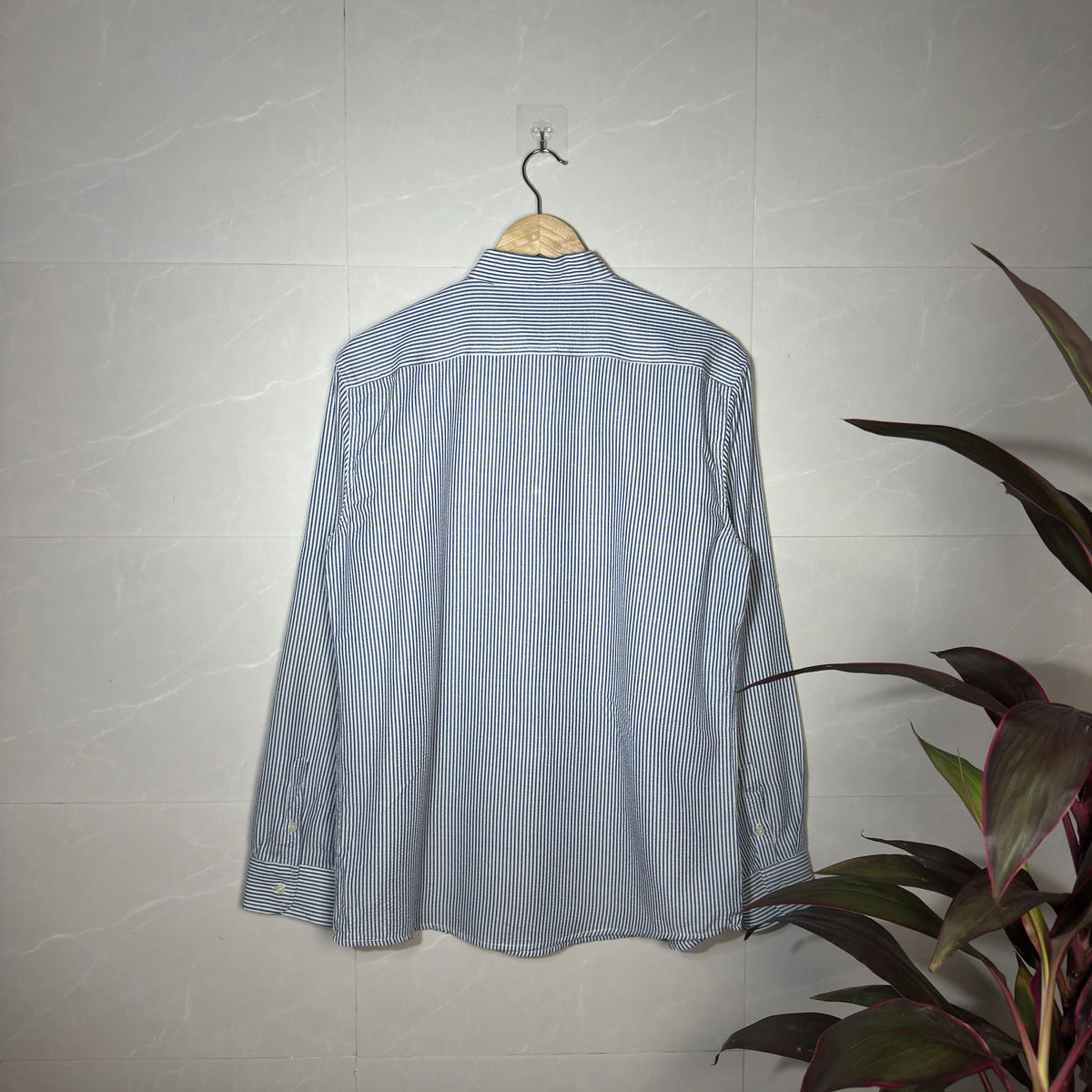 BLUE & WHITE STRIPED BAND COLLAR PULLOVER (M|L)